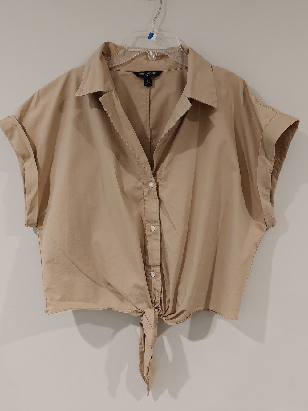 Banana Republic Short Sleeve Tie-Front Button-Down Shirt - Tan